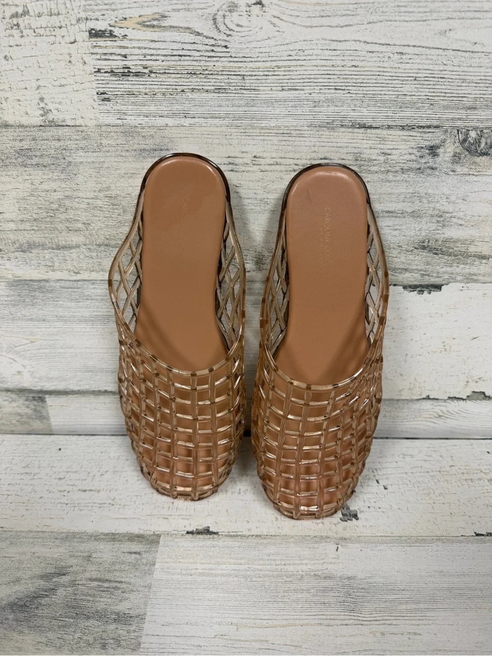 Caroline Constas Tan Woven Jelly Slide Mules
